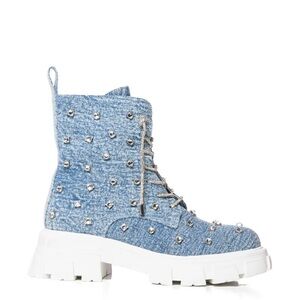 Azalea Wang Blue Denim Rhinestone Combat Boots